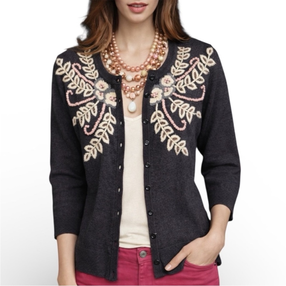 Anthropologie Tabitha Beaded Cardigan Sweater Floral Embroidery Charcoal Size S